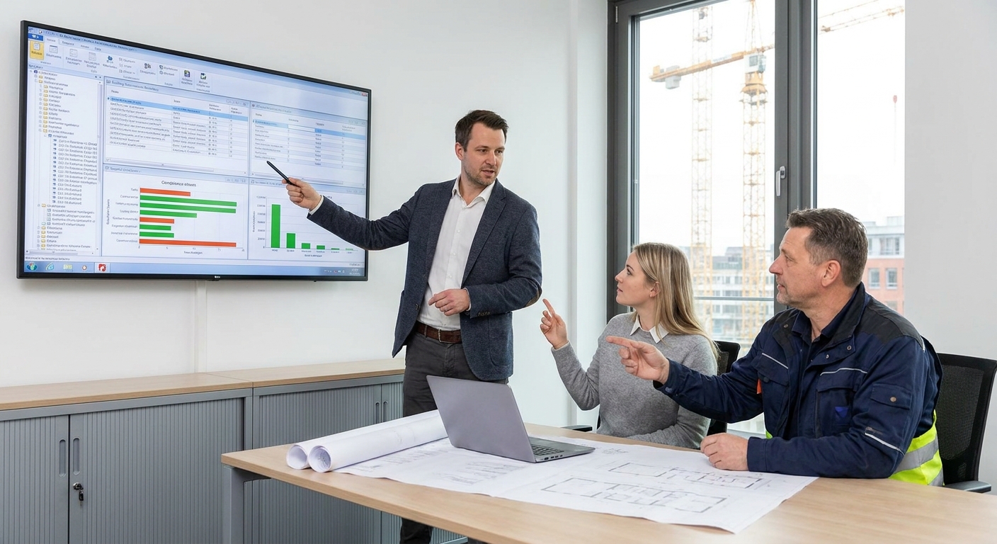 Mitarbeiter eines Bauunternehmens bei einer internen Schulung zur rechtskonformen Nutzung digitaler Assistenzsysteme.