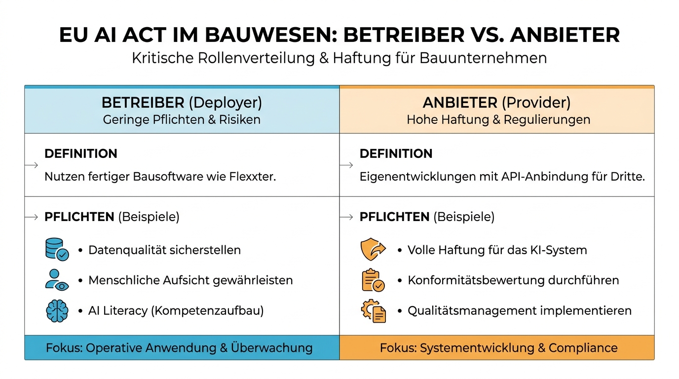 Gegenüberstellung der Pflichten und Risiken von Betreiber (Deployer) und Anbieter (Provider) nach dem EU AI Act.