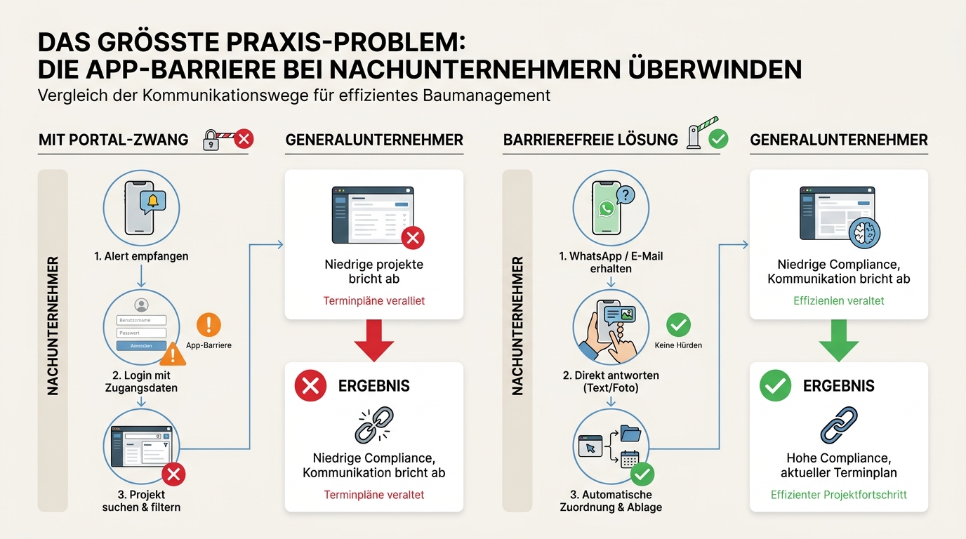 Infografik zum Vergleich von geschlossenen Nachunternehmer-Portalen und barrierefreier WhatsApp- und E-Mail-Einbindung