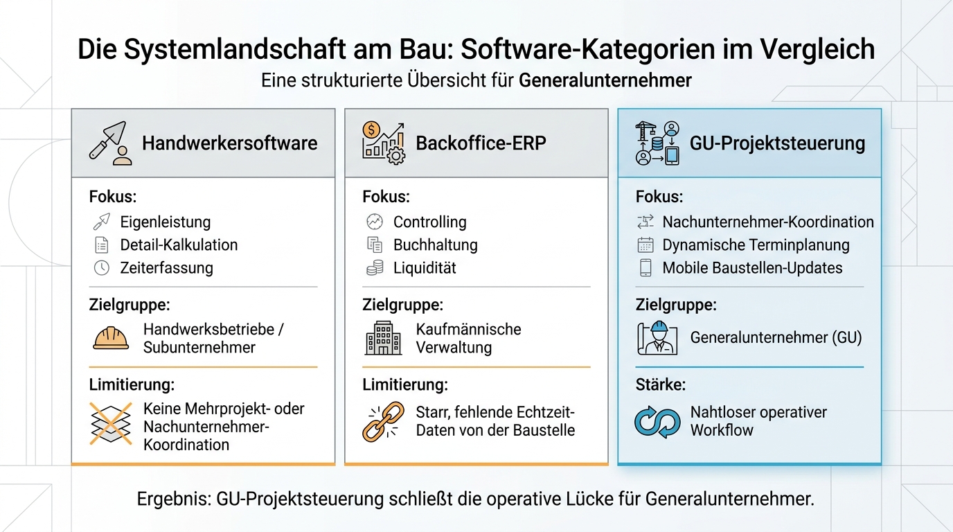 Infografik zum Vergleich von Handwerkersoftware, ERP-Systemen und GU-Projektsteuerungssoftware
