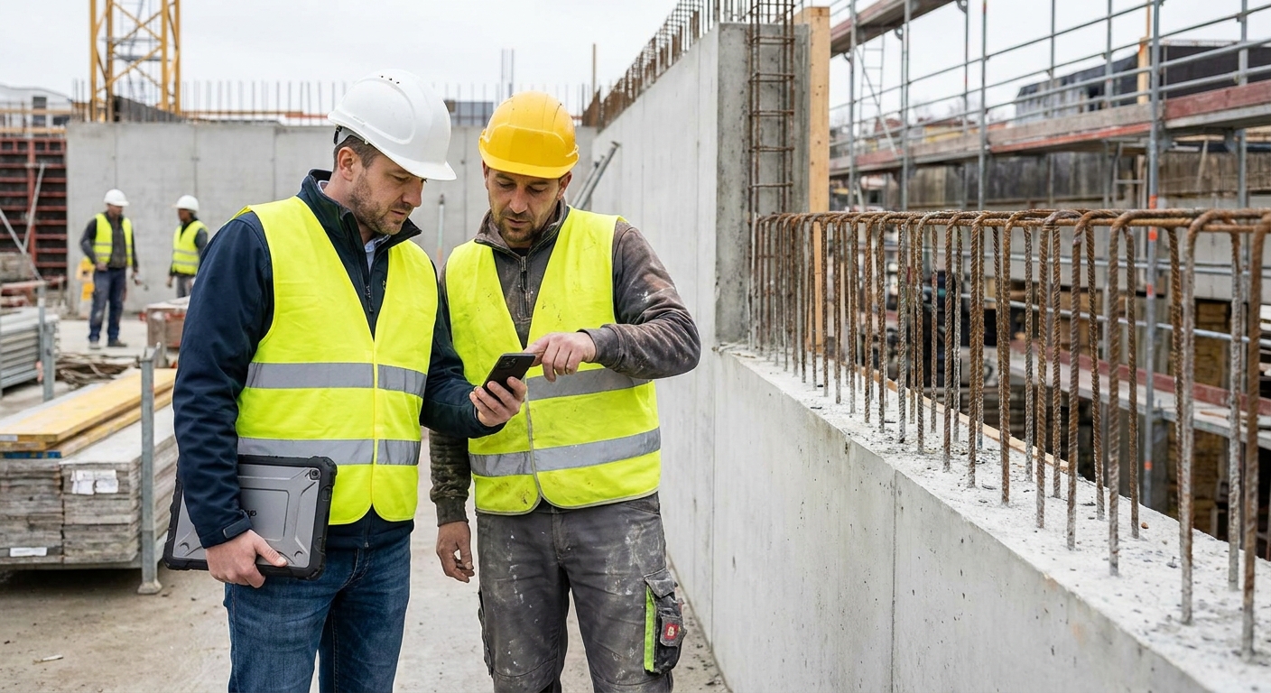 Bauleiter und Nachunternehmer stimmen sich anhand digitaler Daten direkt auf der Baustelle ab