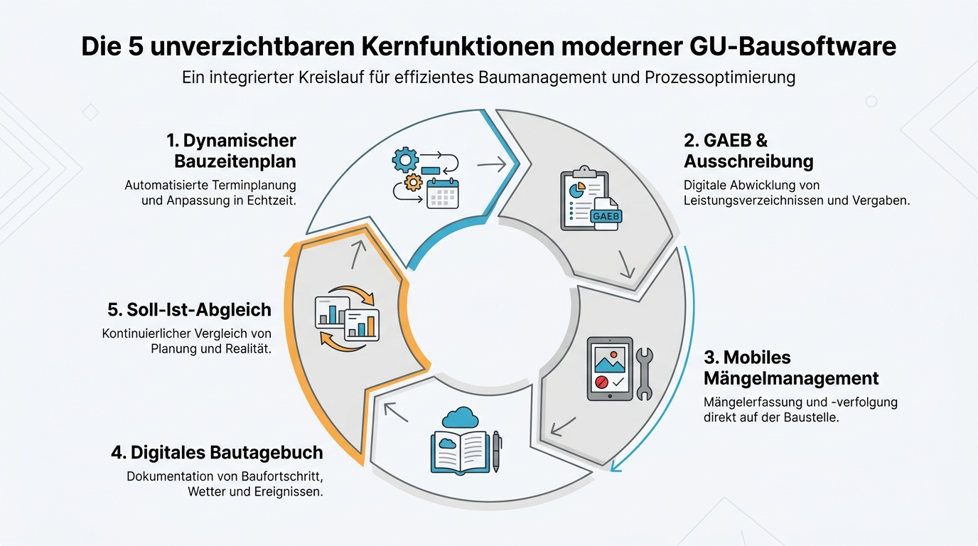 Infografik zur Verknüpfung von Bauzeitenplan, GAEB-Ausschreibung, Mängelmanagement, Bautagebuch und Soll-Ist-Abgleich