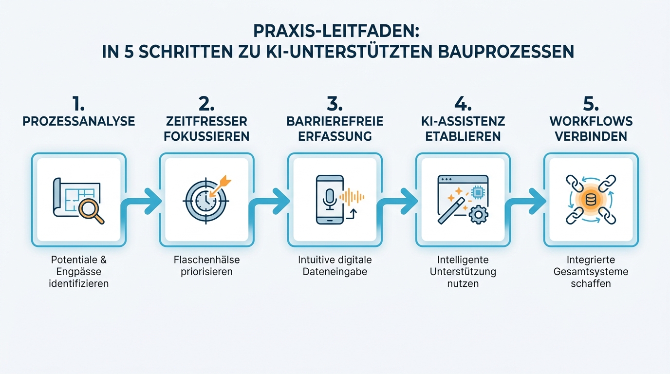 Infografik mit 5 Schritten von der Prozessanalyse bis zur vernetzten KI-Prozesssteuerung
