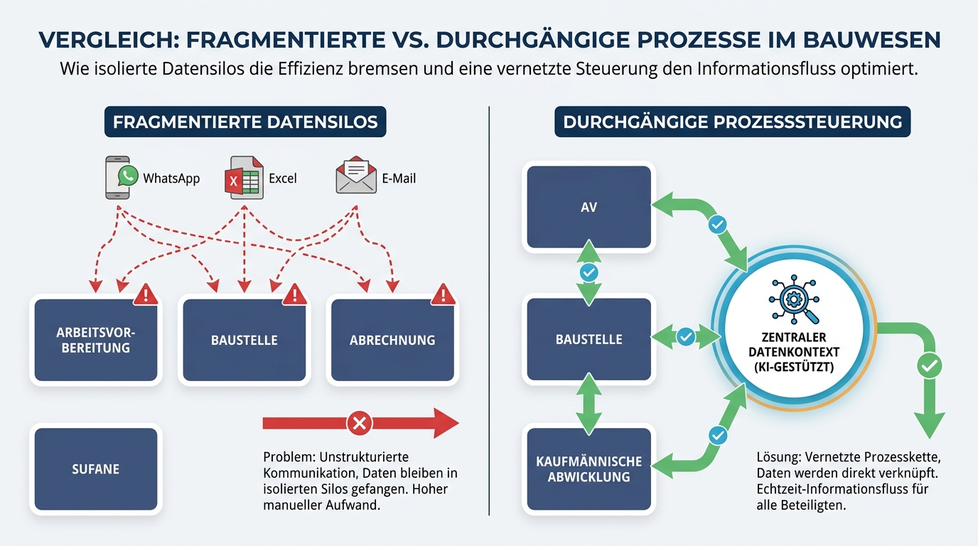 Infografik zum Vergleich von isolierten Datensilos und einer durchgängig verknüpften Prozesskette
