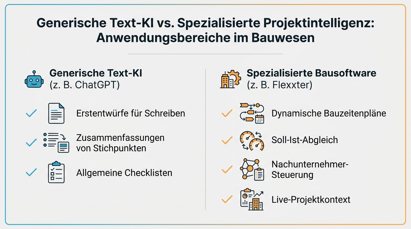 Vergleichsinfografik zwischen generischer Text-KI und Bausoftware mit Projektkontext