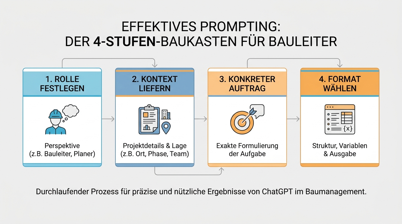 Infografik zum Aufbau eines wirksamen Prompts mit Rolle, Kontext, Auftrag und Format