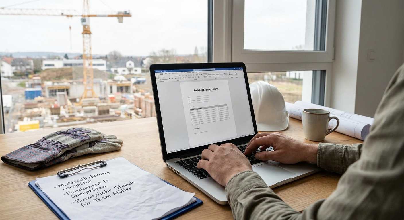 Arbeitsplatz eines Bauleiters mit Laptop und Bauplänen