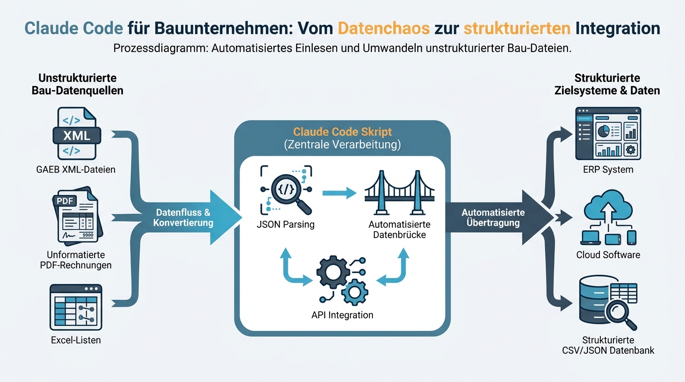 Infografik zur Umwandlung von GAEB-Daten und ERP-Schnittstellen per KI-Skript