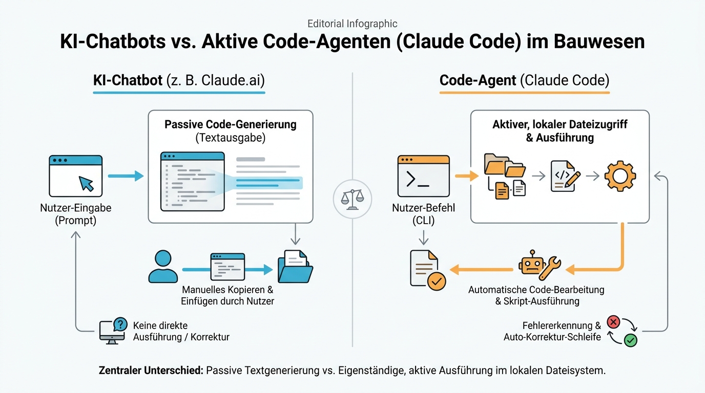 Infografik zum Vergleich von passivem KI-Chatbot und ausführendem Code-Agenten