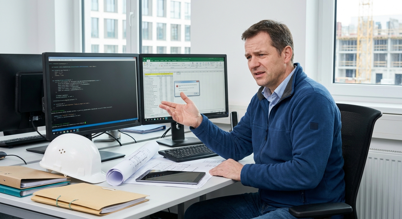 Bauingenieur analysiert Fehlermeldungen eines KI-Skripts am Computer
