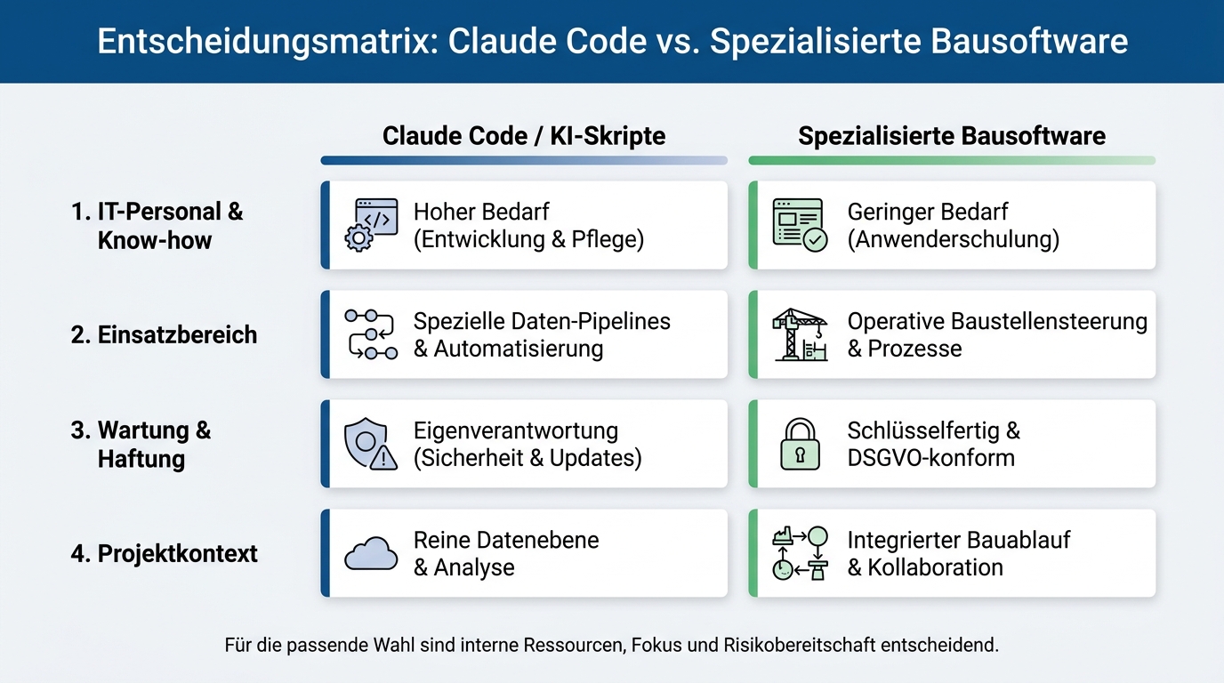 Entscheidungsmatrix für die Wahl zwischen eigenen KI-Skripten und spezialisierter Bausoftware