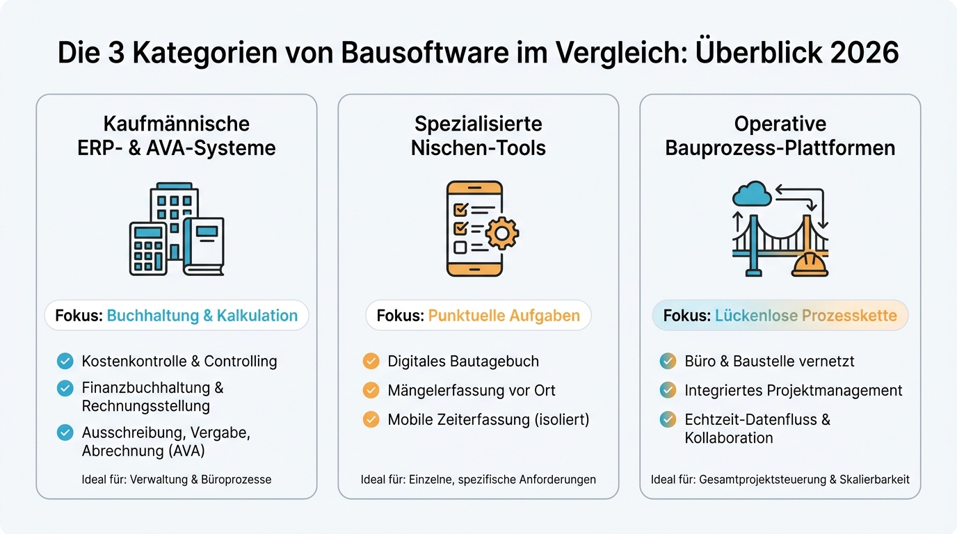 Infografik zum Vergleich von ERP-Systemen, Nischen-Apps und operativen Bauprozess-Plattformen