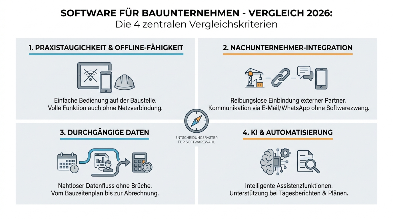 Infografik mit den vier zentralen Auswahlkriterien für Software im Bauwesen