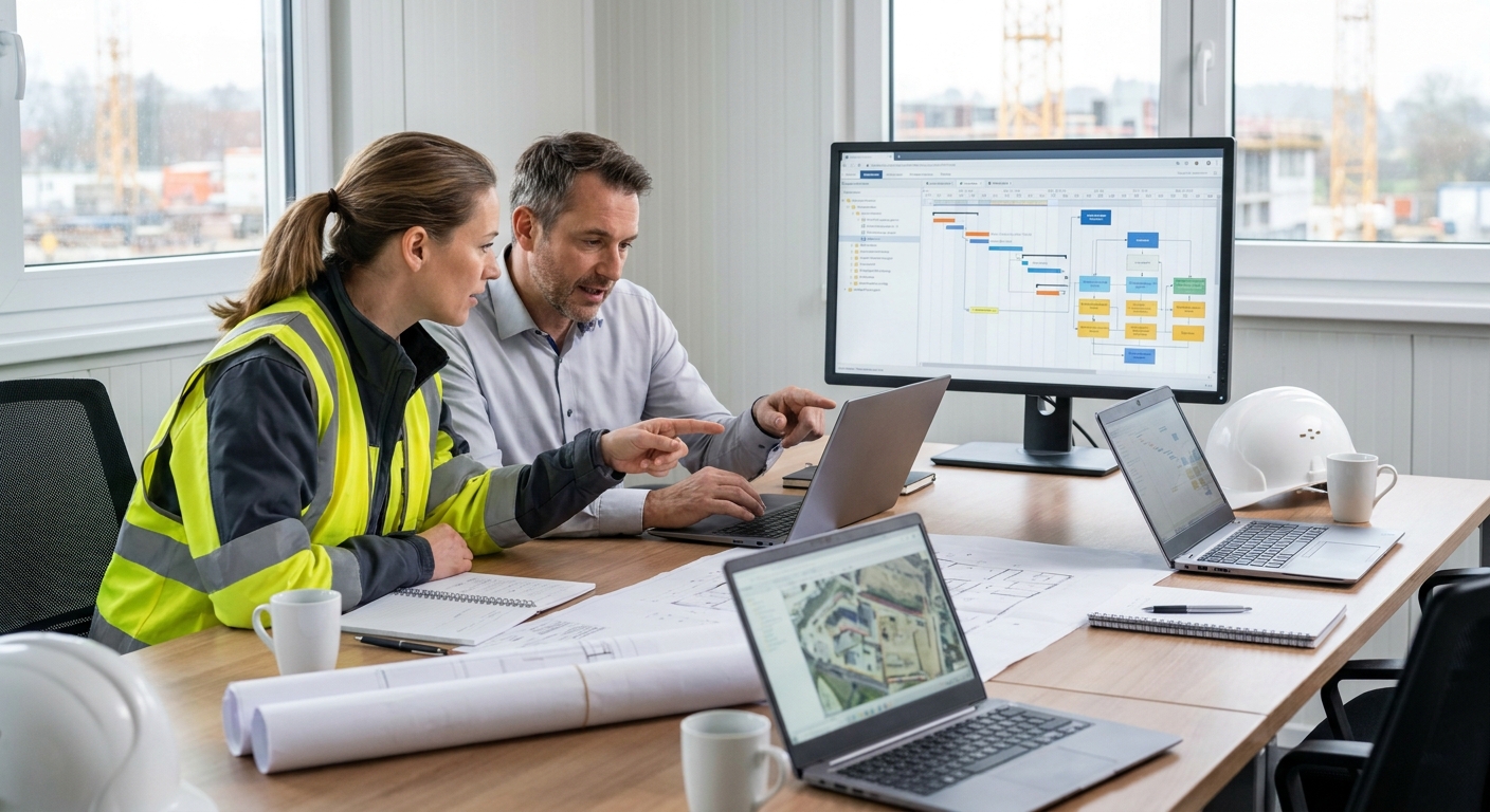Geschäftsführung und Bauleitung besprechen im Konferenzraum die digitale Bausoftware