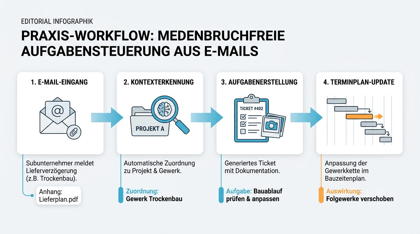 Infografik zum 4-stufigen Workflow von E-Mail-Eingang bis zur Terminplan-Anpassung