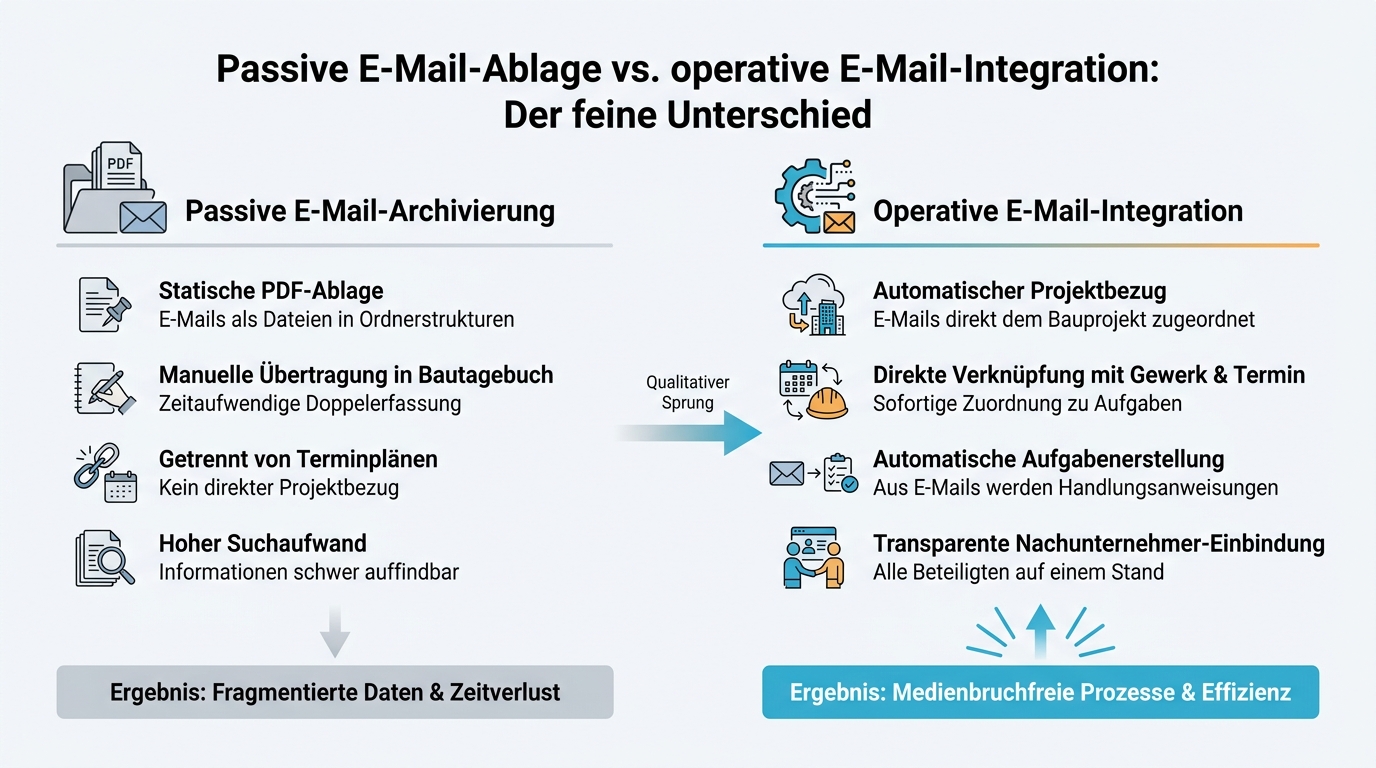 Infografik zum Vergleich von passiver E-Mail-Archivierung und operativer E-Mail-Integration