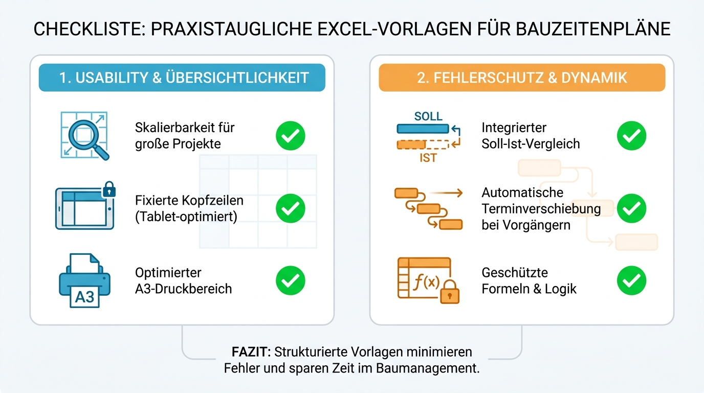 Checkliste mit Kriterien für die Praxistauglichkeit einer Bauzeitenplan-Vorlage