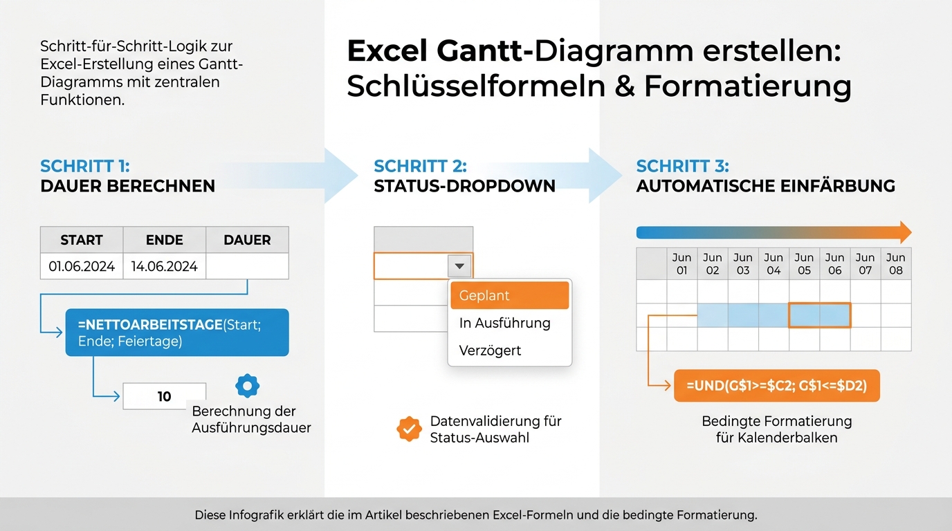 Infografik mit Excel-Formeln zur Berechnung von NETTOARBEITSTAGEN und bedingter Formatierung