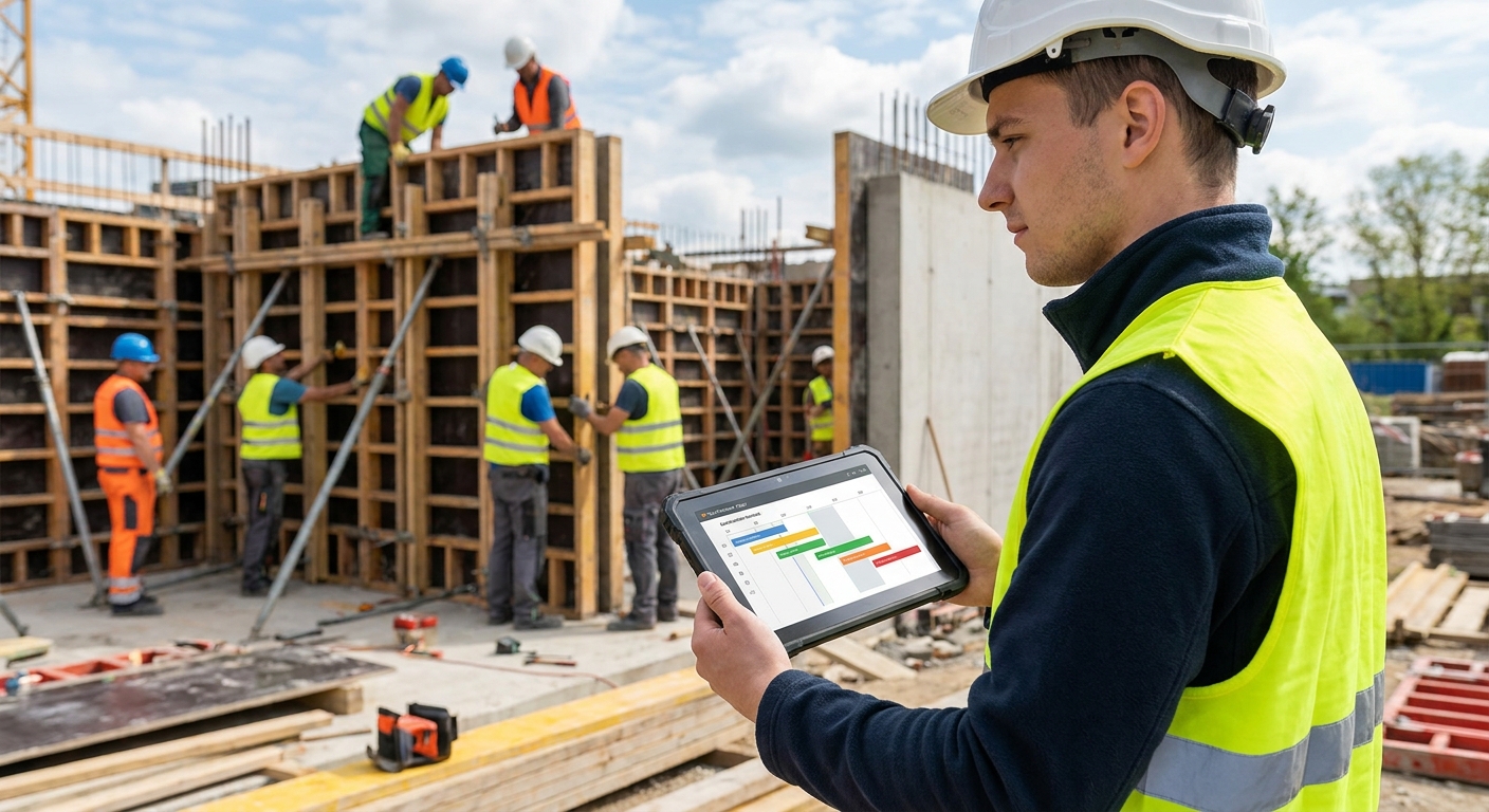 Bauleiter nutzt ein Tablet zur Termin- und Gewerkeabstimmung auf der Baustelle
