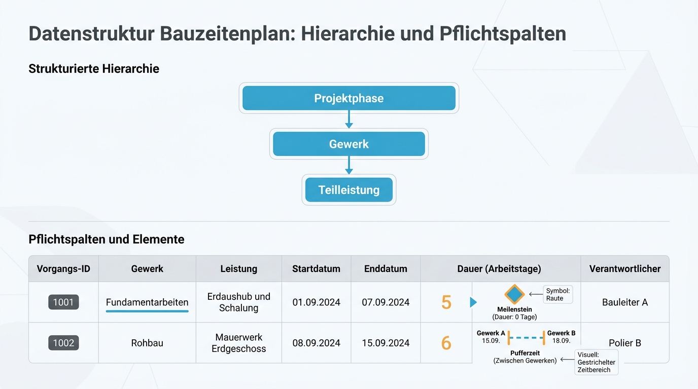 Schematische Infografik zum Aufbau und den Kernspalten eines Bauzeitenplans