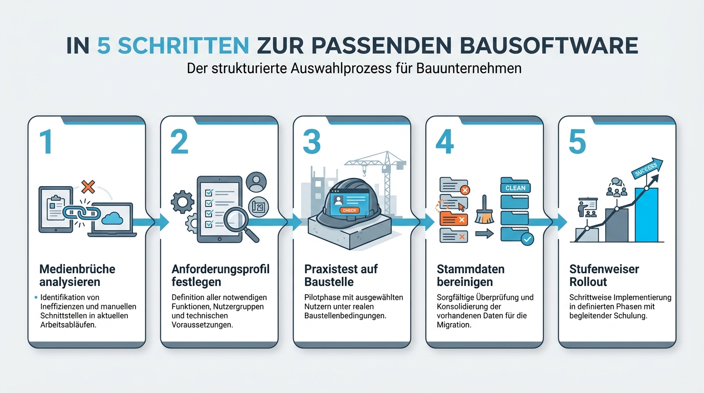 Infografik mit 5 Schritten zur erfolgreichen Auswahl und Einführung von Bausoftware