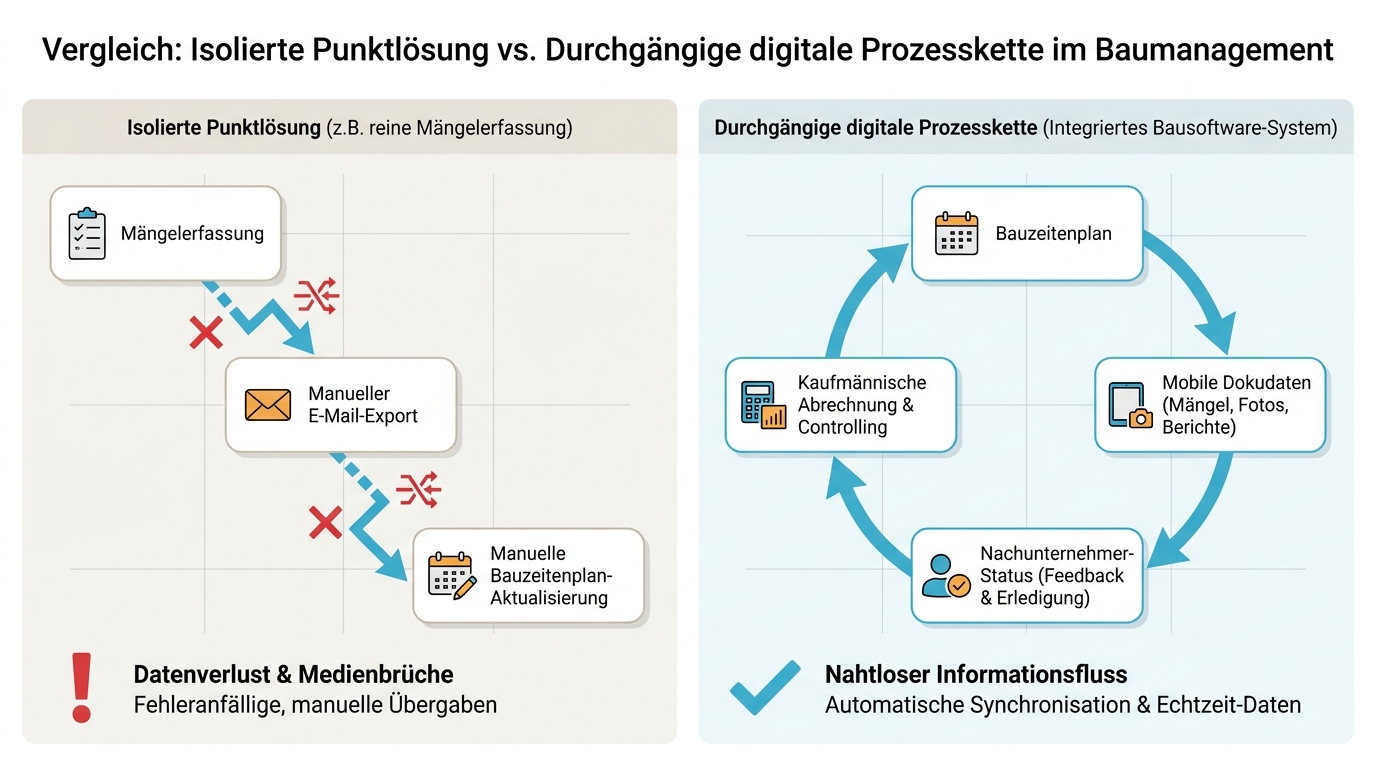Infografik zum Vergleich von Datenbrüchen bei Punktlösungen gegenüber vernetzten Bausoftware-Prozessen