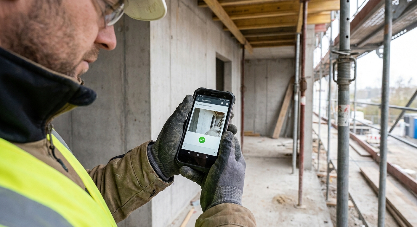 Handwerker liest eine Bauaufgabe direkt auf seinem Smartphone auf der Baustelle ab