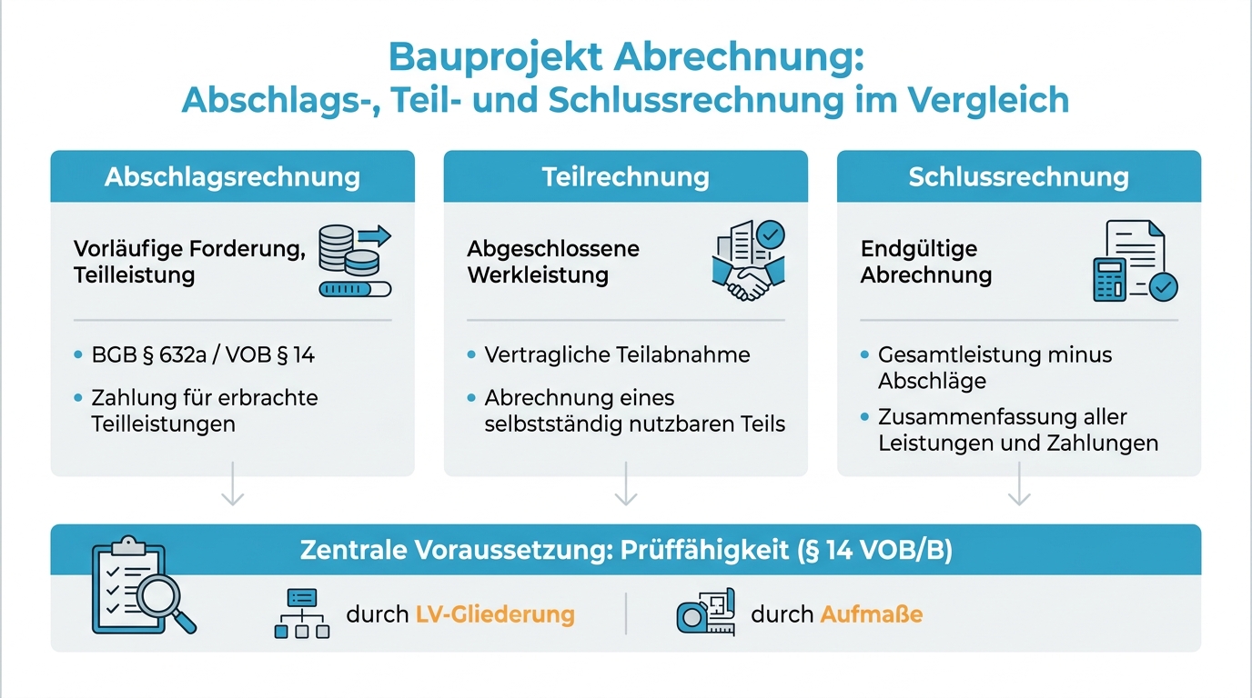 Infografik zum Vergleich von Abschlagsrechnung, Teilrechnung und Schlussrechnung im Baurecht