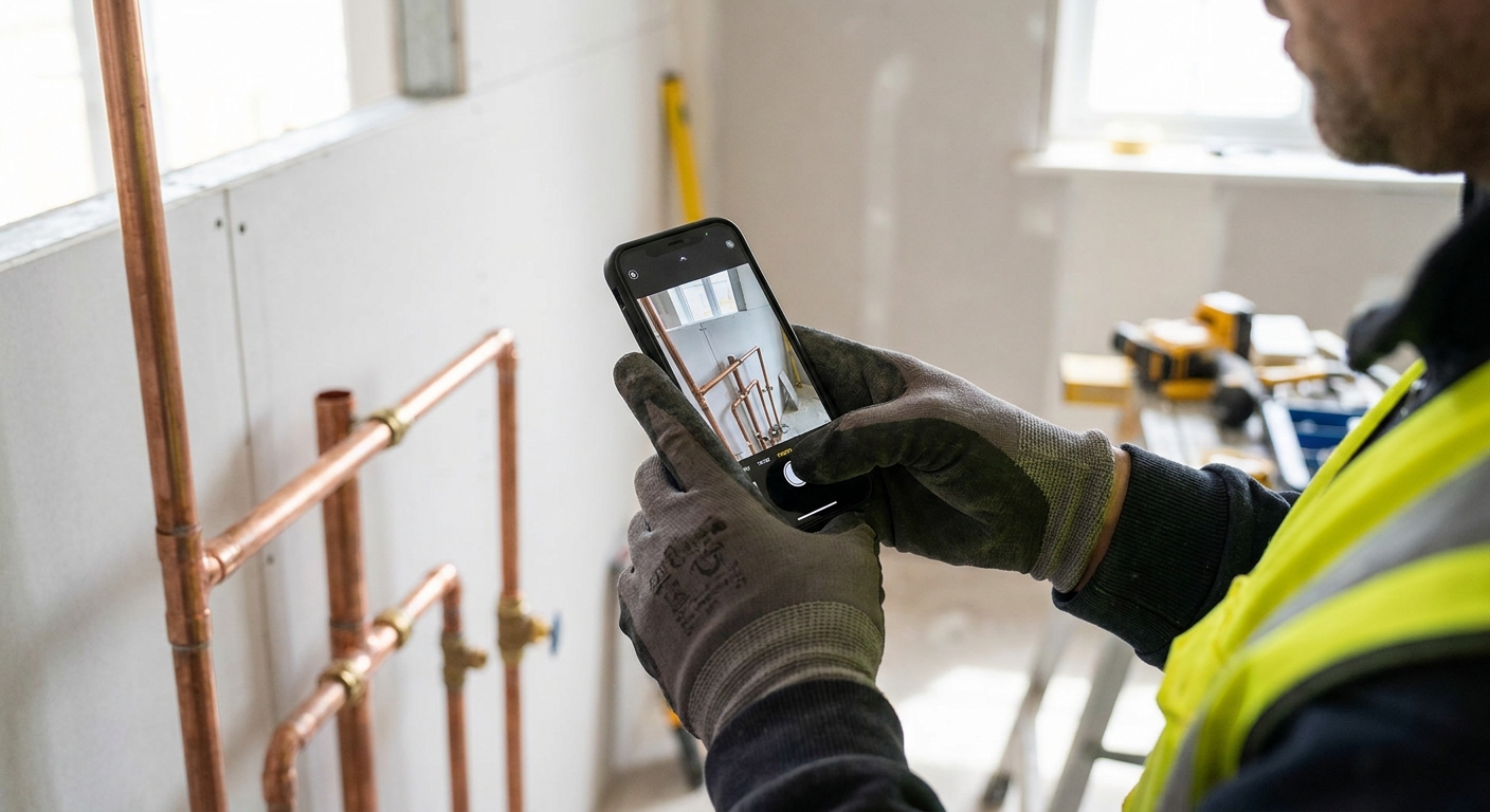 Handwerker fotografiert fertiggestellte Installation mit dem Smartphone auf der Baustelle