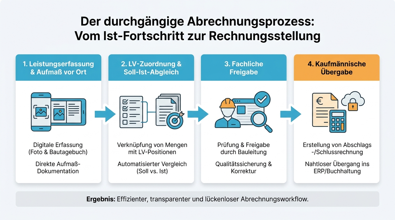 Infografik zum durchgängigen Abrechnungsprozess von der Leistungserfassung bis zur Rechnungsstellung