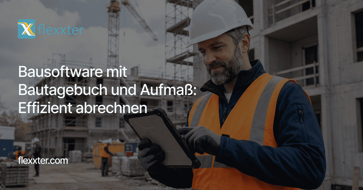 Bauleiter mit weißem Schutzhelm, blauer Fleecejacke und oranger Warnweste bedient lächelnd ein Tablet auf einer Baustelle vor einem Rohbau und Baugerüst. Textüberlagerung: „Bausoftware mit Bautagebuch und Aufmaß: Effizient abrechnen“ mit Flexxter-Logo.