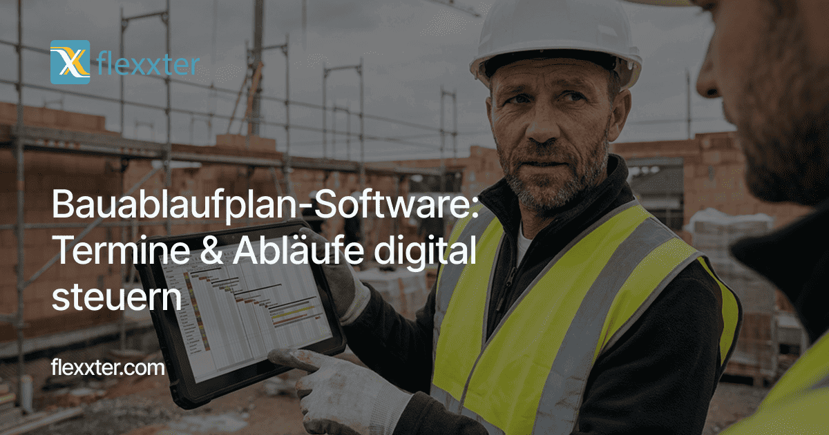 Bauleiter mit weißem Schutzhelm, neongelber Warnweste und Handschuhen zeigt auf einen digitalen Bauzeitenplan auf einem Tablet vor einem eingerüsteten Rohbau. Textüberlagerung: „Bauablaufplan-Software: Termine & Abläufe digital steuern“ mit Flexxter-Logo.