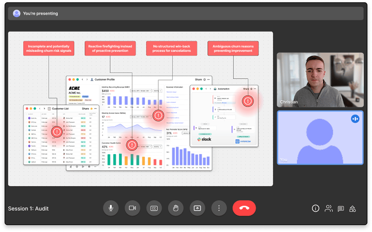 Illustrative Google Meet call screenshot for "Session 1: Audit".