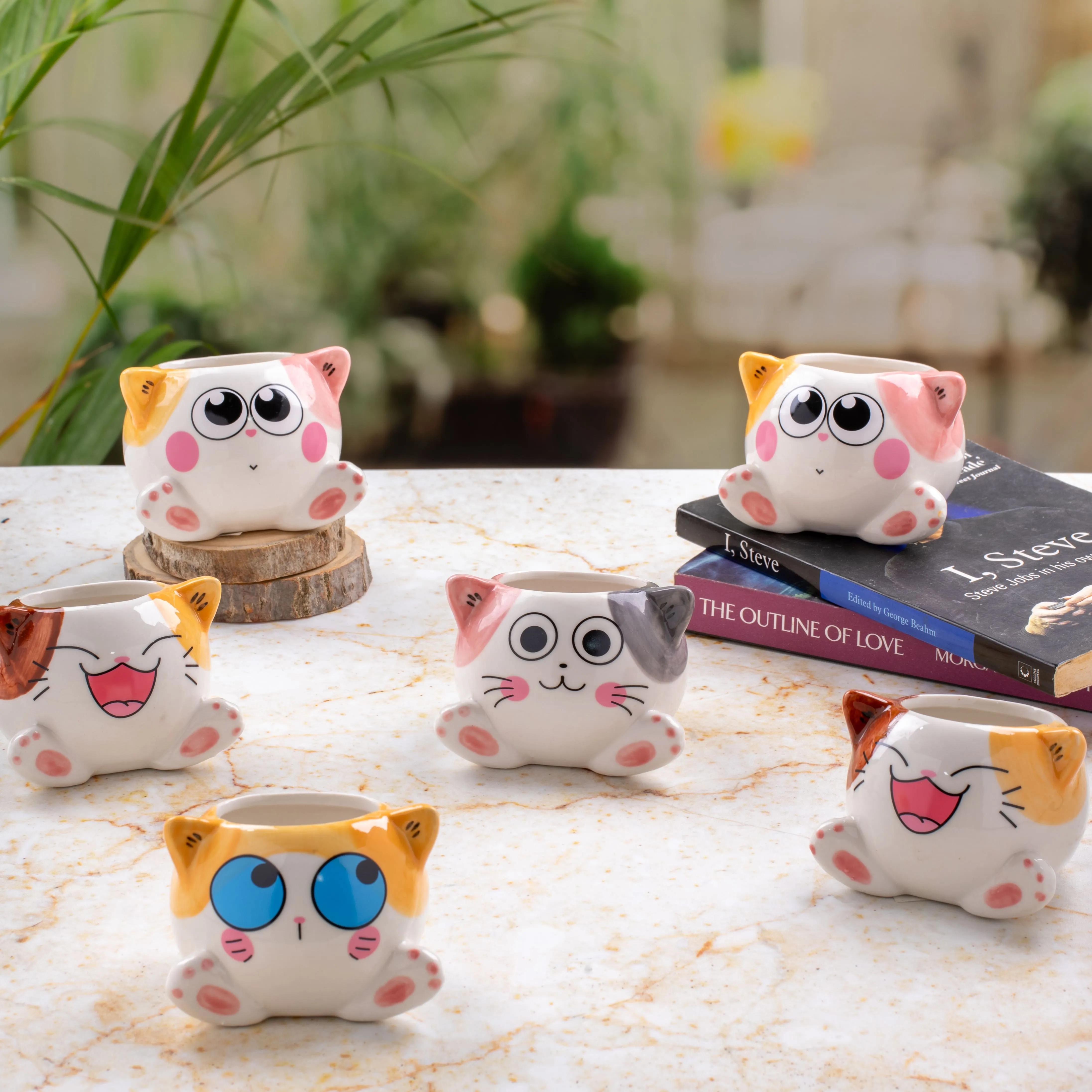 Six small ceramic cat-shaped pots with different facial expressions arranged on a marble surface, two resting on books and one on wooden coasters.