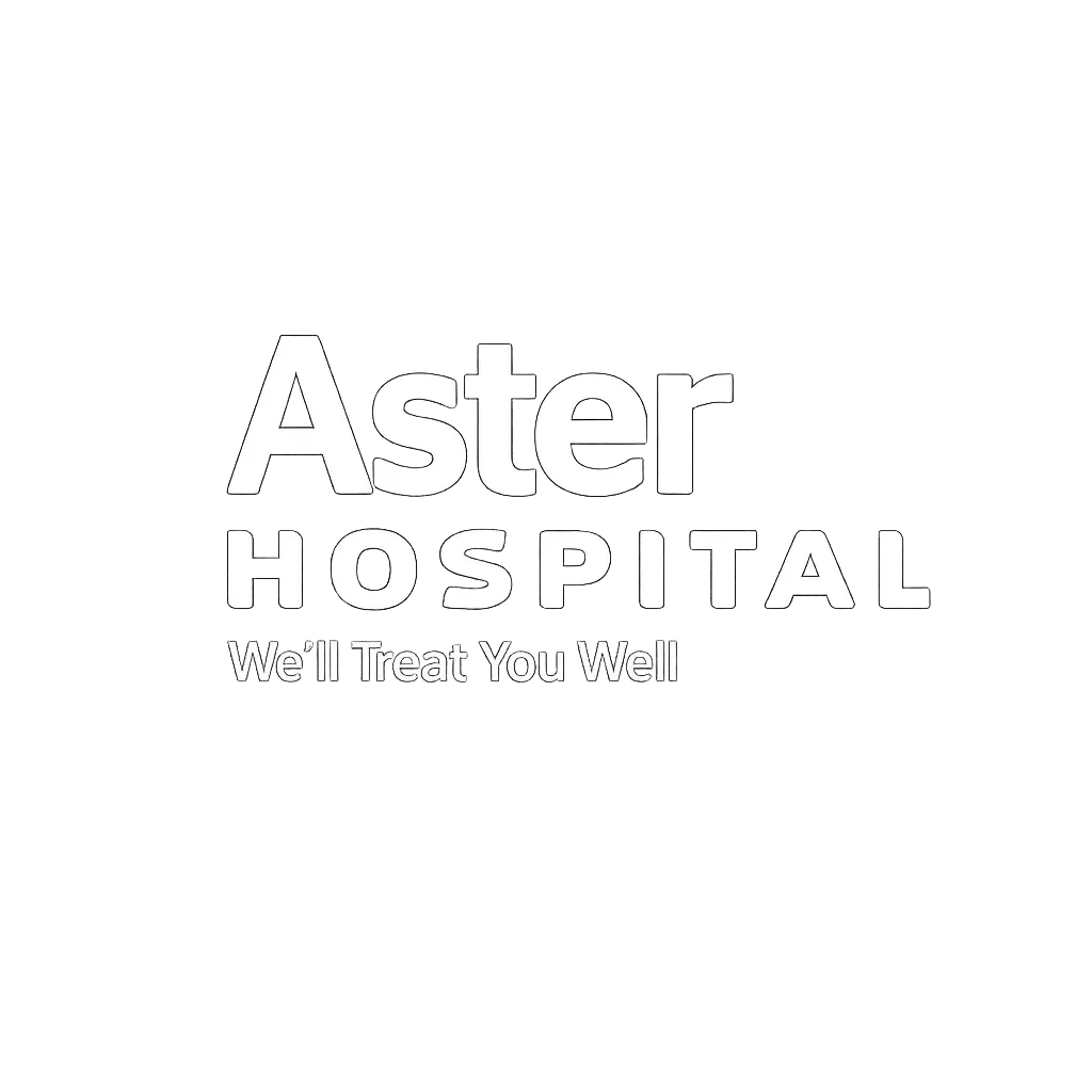 Aster Hospital logo with the tagline 'We'll Treat You Well' on a grey background.