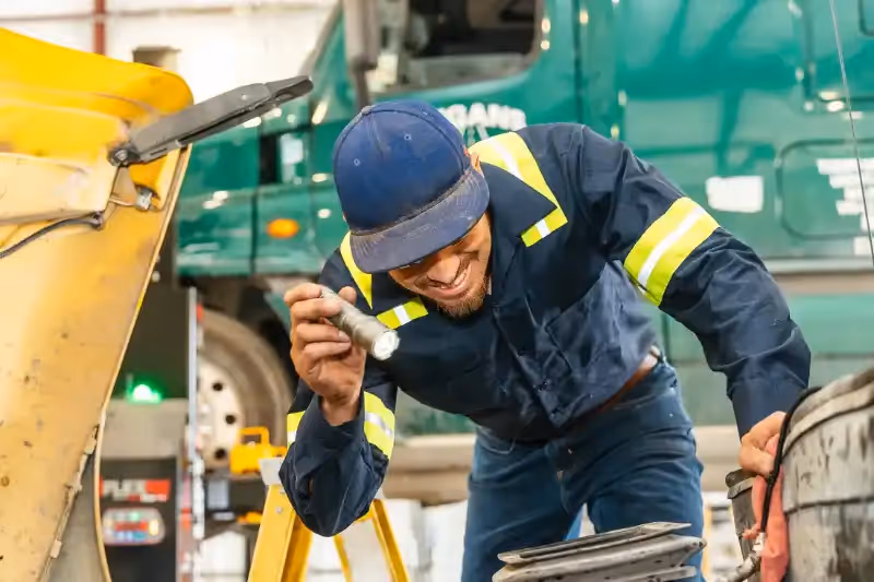 Technician conducting a DOT inspection on a commercial trailer, closely examining tire condition and tread depth in a well-lit outdoor yard.