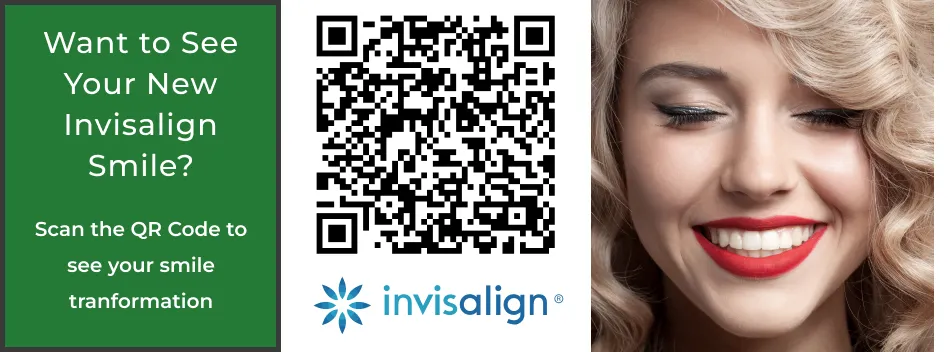 Woman with curly blonde hair smiling with white teeth next to Invisalign QR code and promotional text.
