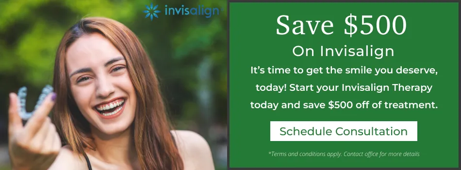 Smiling woman holding clear Invisalign aligners with text about saving $500 on Invisalign treatment.