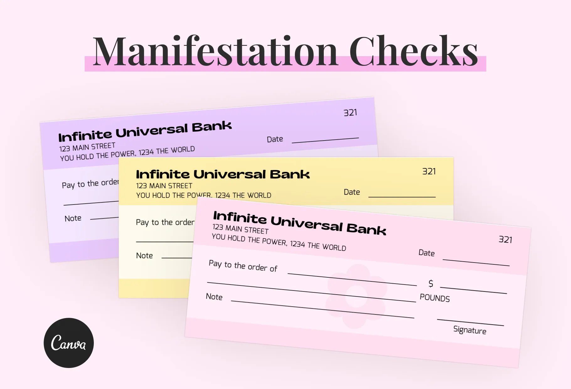 Pink Lace Manifestation Check Printable and Editable Canva Template