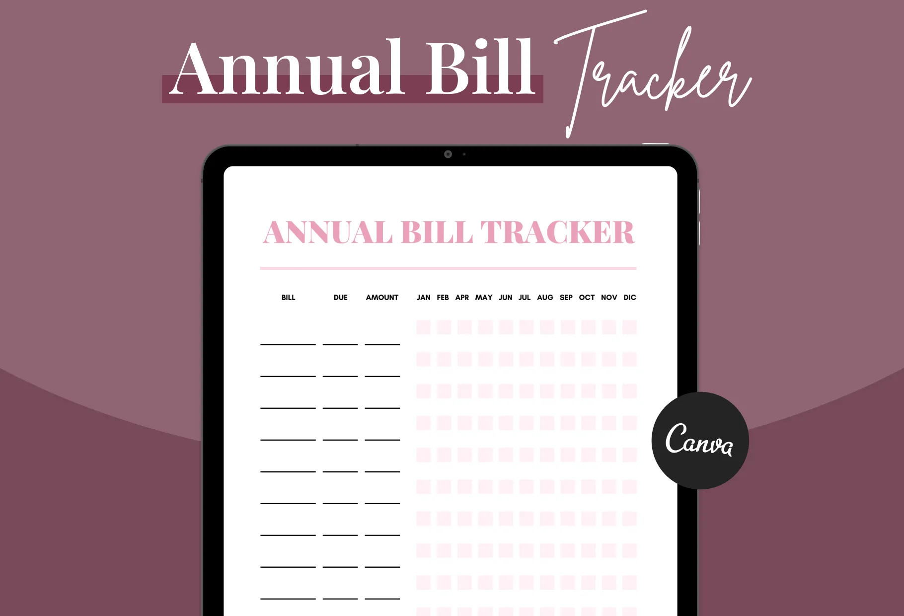 Nadeshiko Pink Annual Bill Tracker Printable and Editable Canva Template