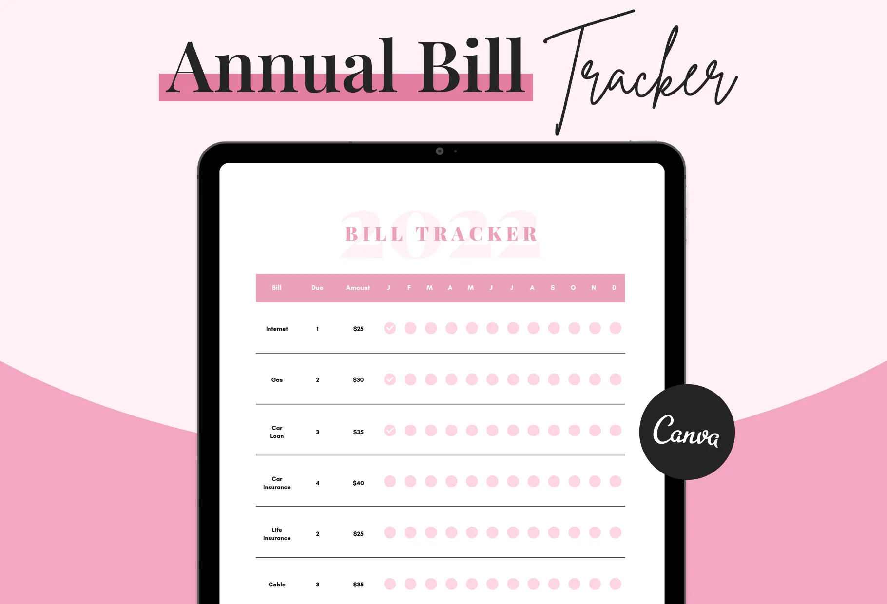 Mimi Pink Annual Bill Tracker Printable and Editable Canva Template