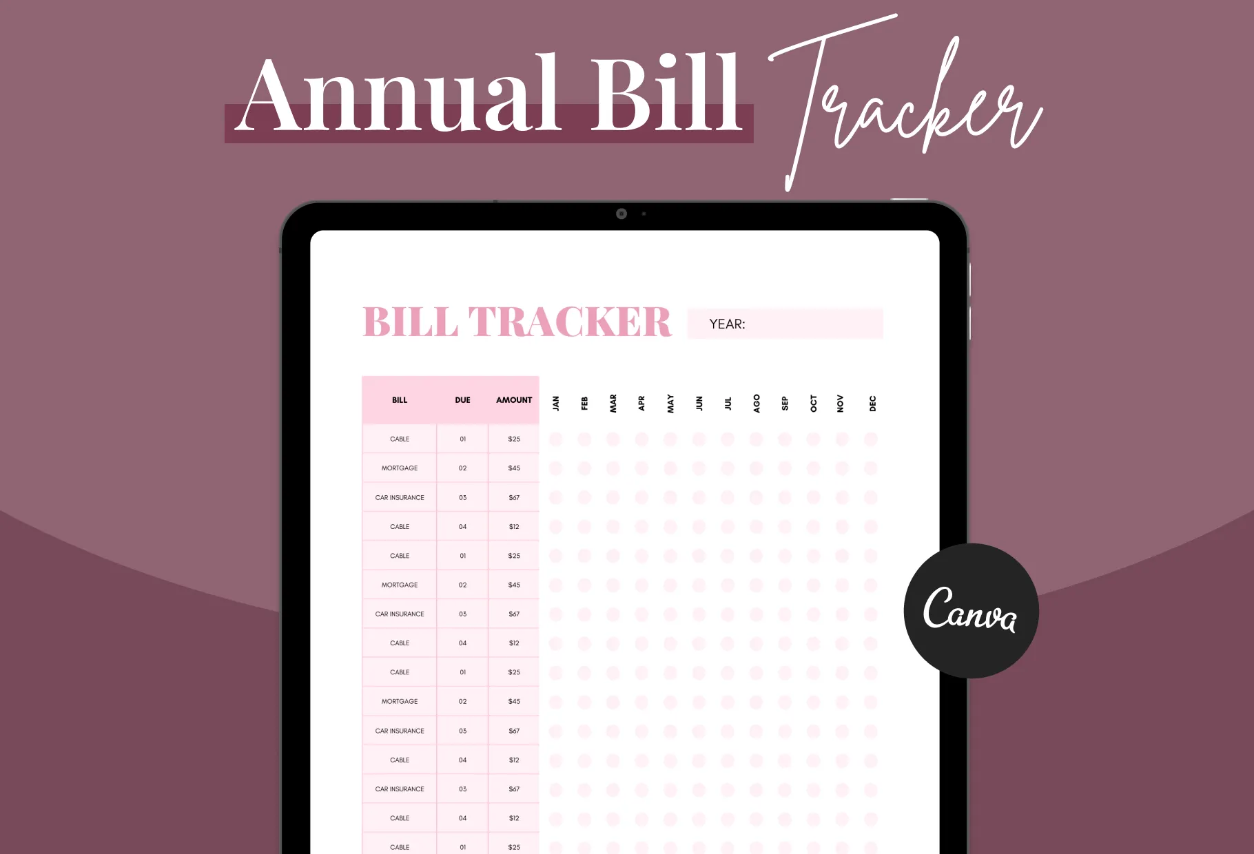 Metallic Pink Annual Bill Tracker Printable and Editable Canva Template