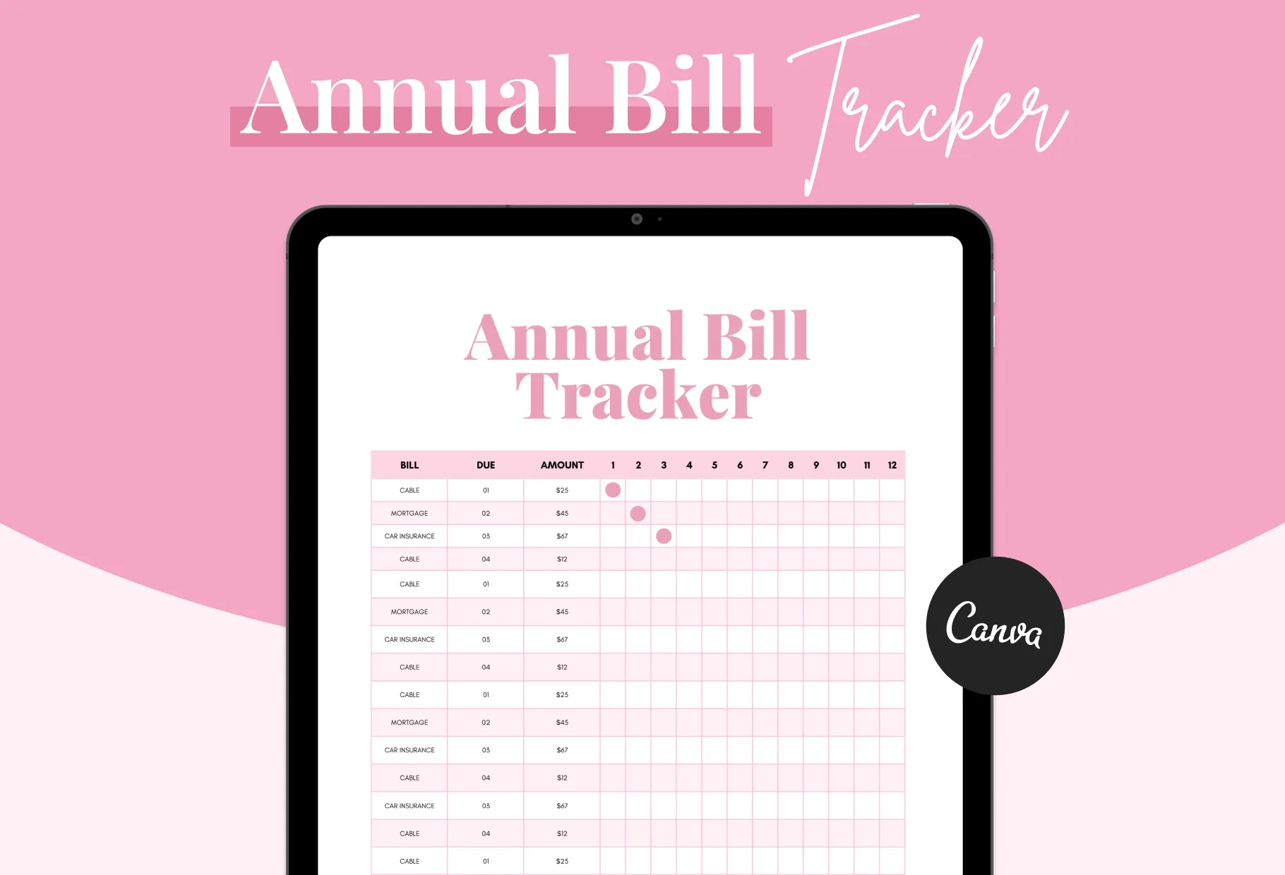 Chinese Pink Annual Bill Tracker Printable and Editable Canva Template