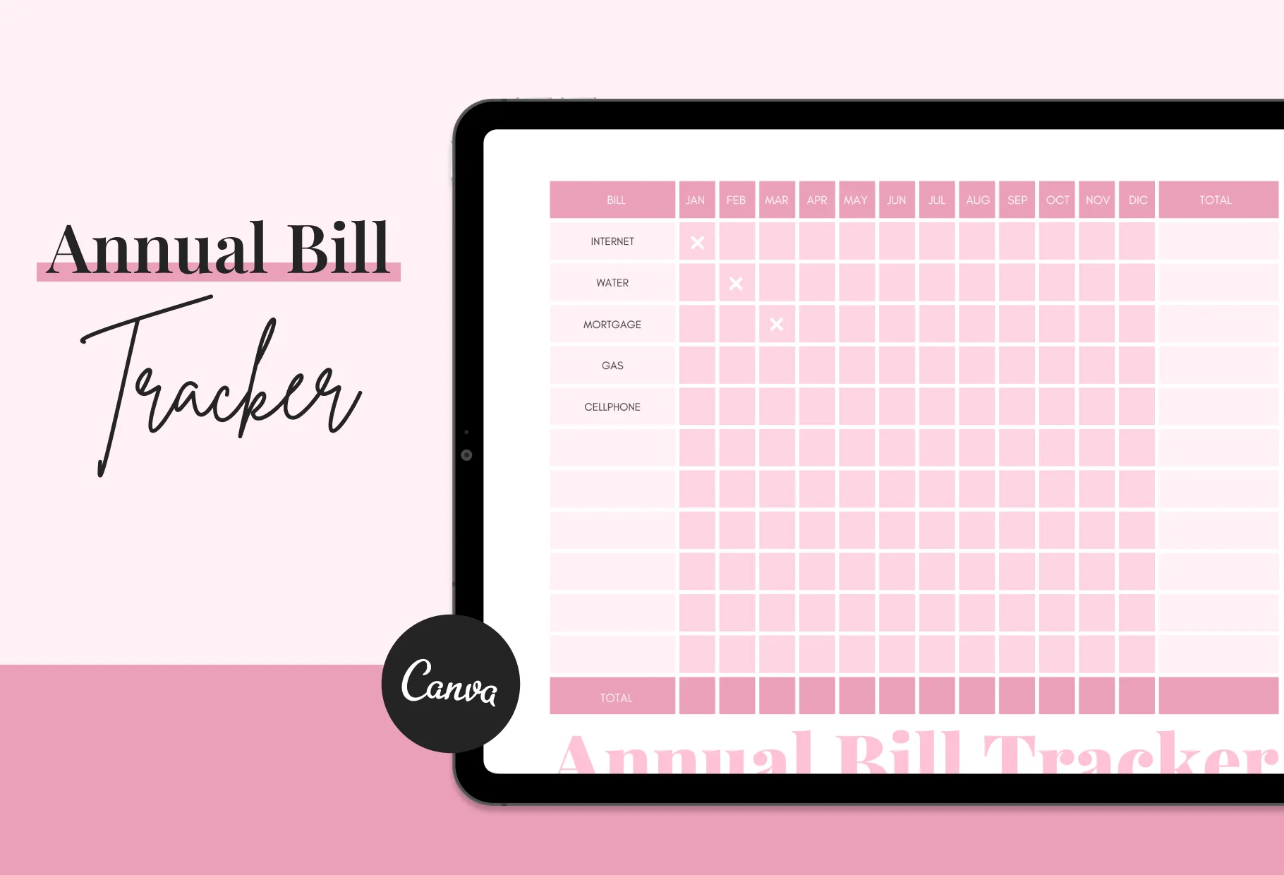 Cameo Pink Annual Bill Tracker Printable and Editable Canva Template