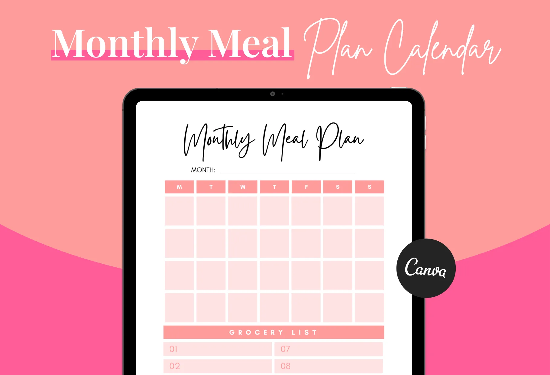 Peach Burst Monthly Meal Plan Calendar Printable and Editable Canva Template