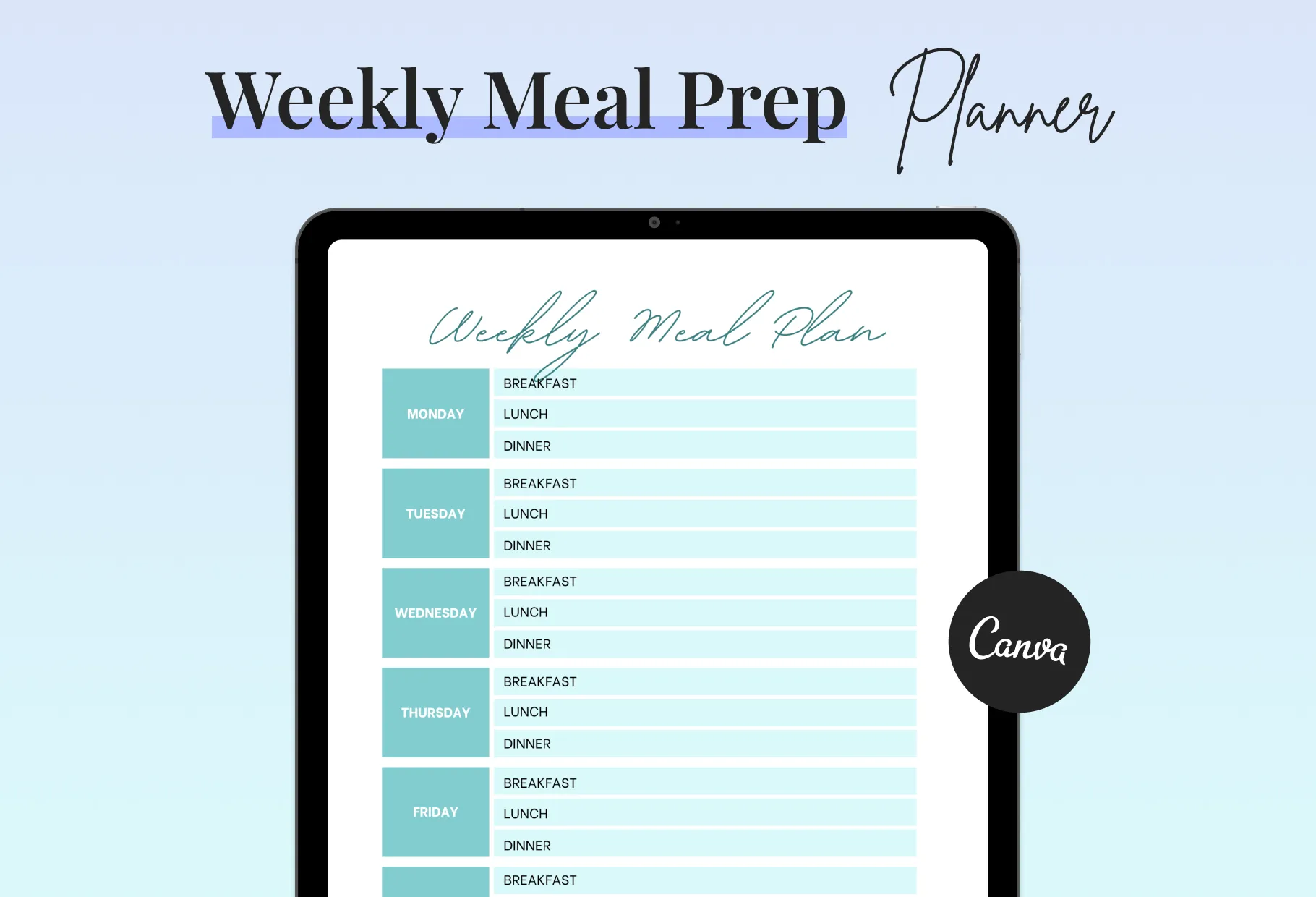 Middle Blue Green Weekly Meal Planner Printable and Editable Canva Template