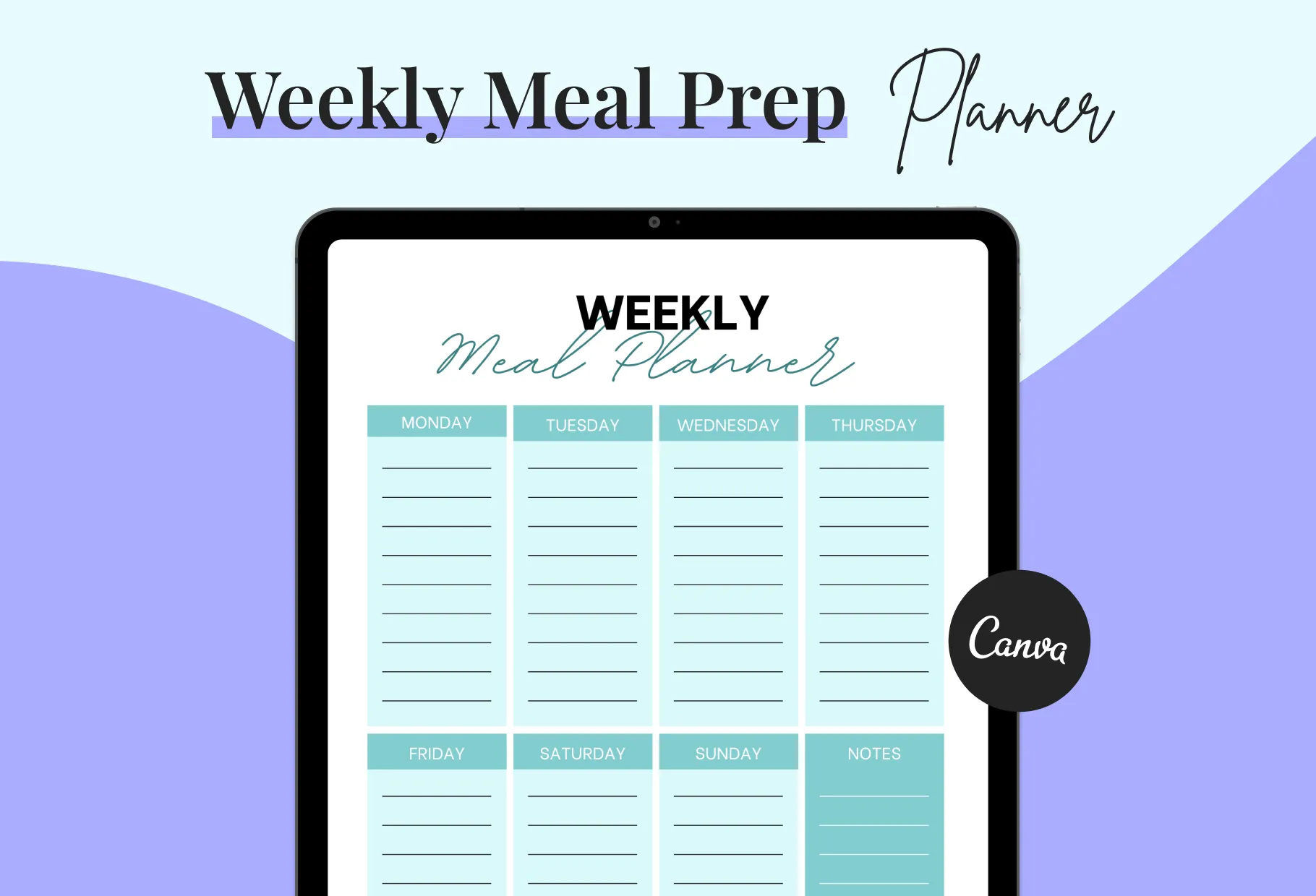 Medium Sky Blue Weekly Meal Planner Printable and Editable Canva Template