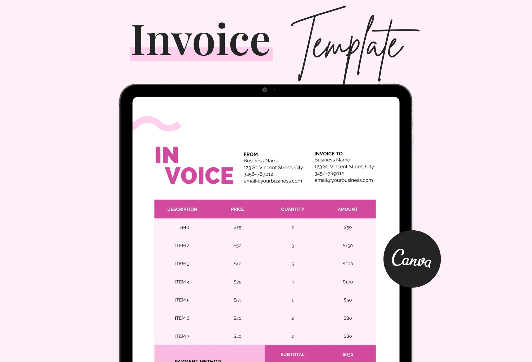 Barbie Pink Invoice Canva Template Printable and Editable