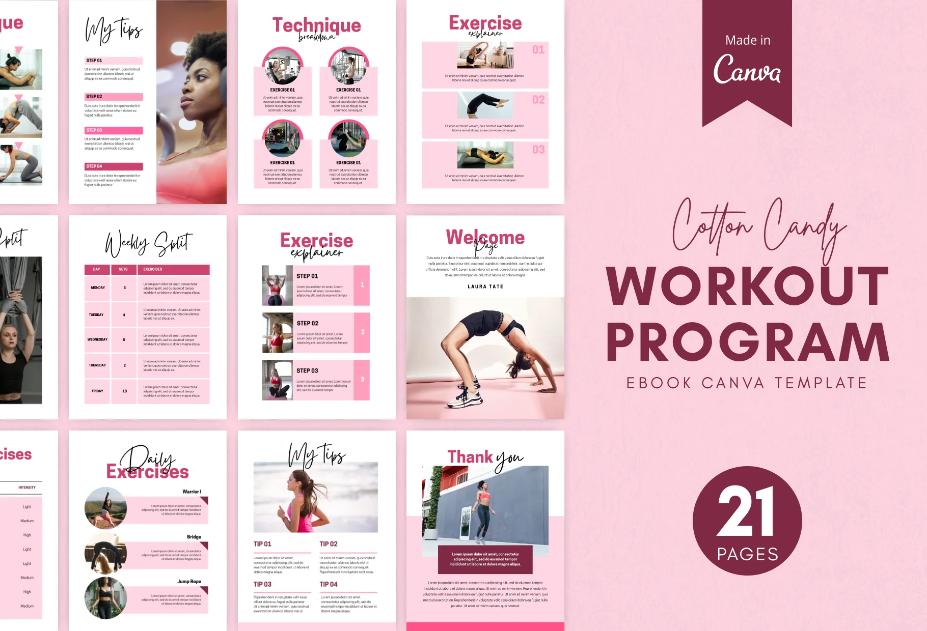 21 Page Workout Program Ebook Cotton Candy Canva Templates