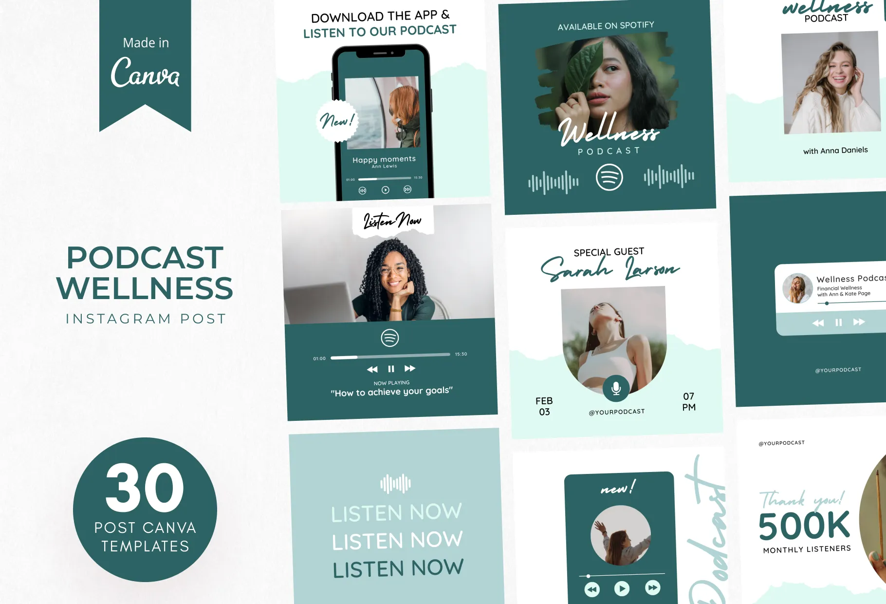 30 Podcast Wellness Instagram Post Canva Templates V2